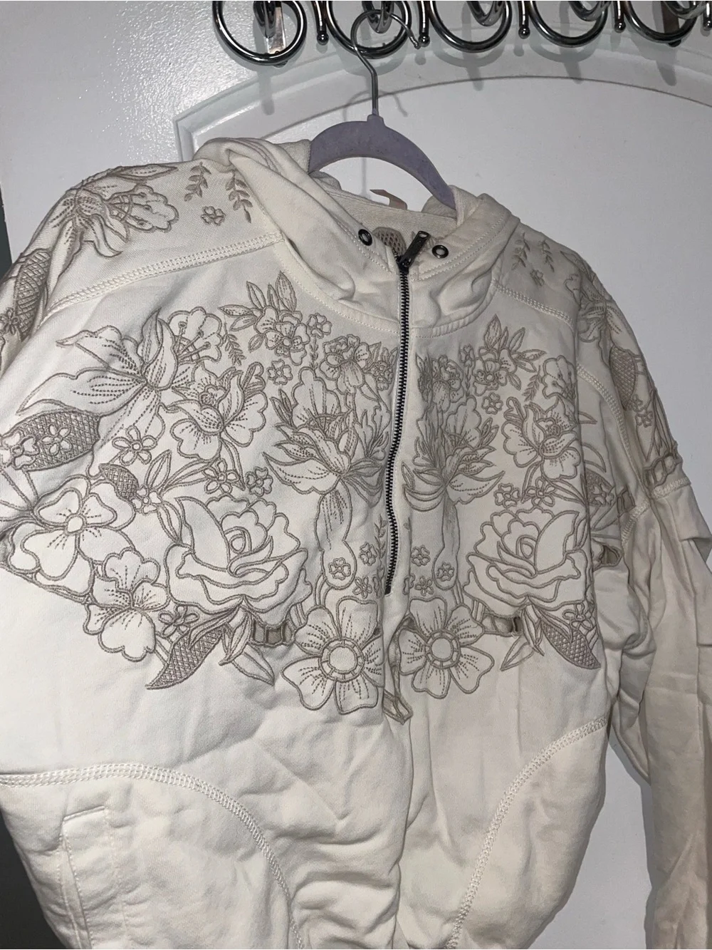 Free People Movement Logo Fast Lane Cream Floral Embroidered Half-Zip Sweatshirt